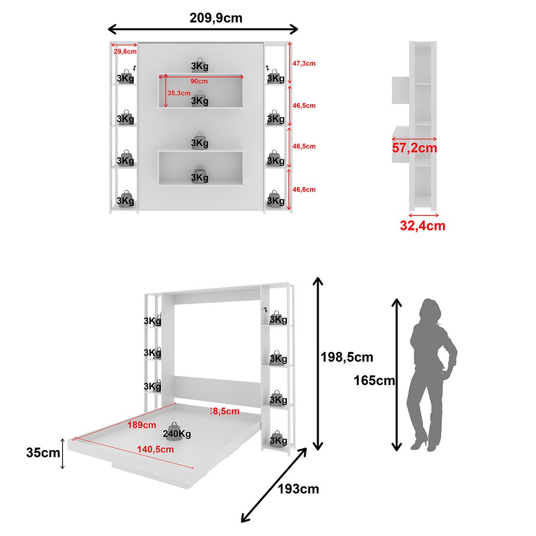 Cama Articulada Vertical Casal de Parede com 8 Prateleiras e 2 Nichos MDP Branco Até 240kg Tecnomobili