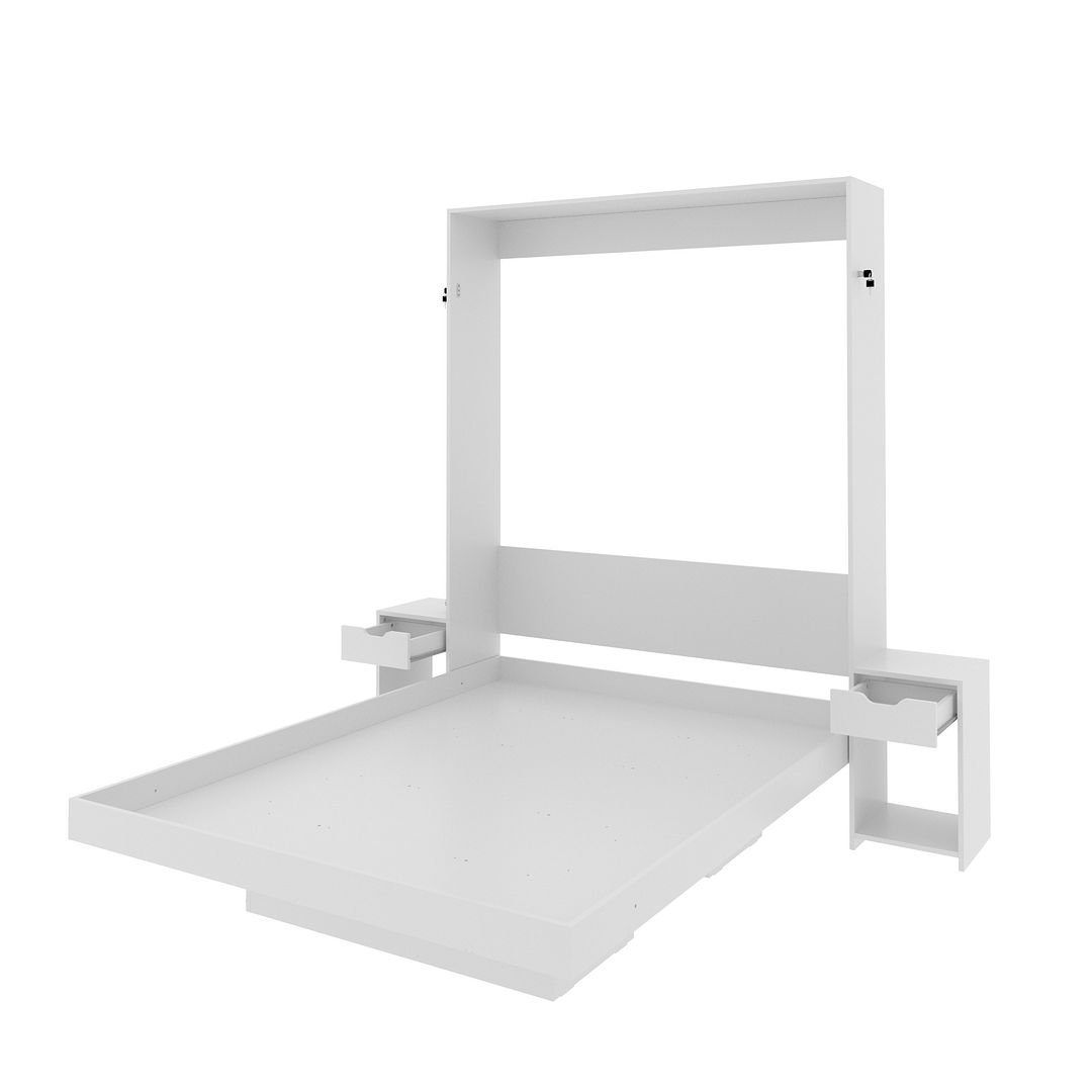Cama Articulada Vertical Casal de Parede Com 2 Mesas de Cabeceira Nichos e Gavetas MDP Branco Até 240kg Tecnomobili