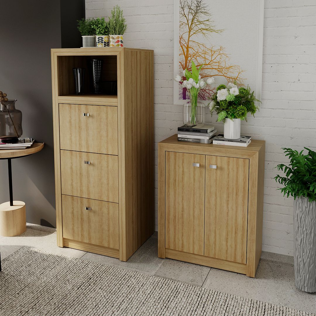 Conjunto de Escritório com Balcão 60cm com 2 Portas e 1 Prateleira e Gaveteiro com 3 Gavetas MDP Amêndoa Tecnomobili