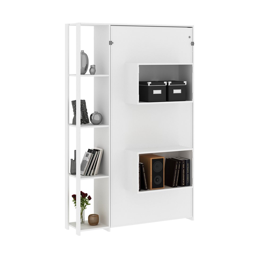 Cama Articulada Vertical Solteiro de Parede com 4 Prateleiras e 2 Nichos MDP Branco Até 110kg Tecnomobili