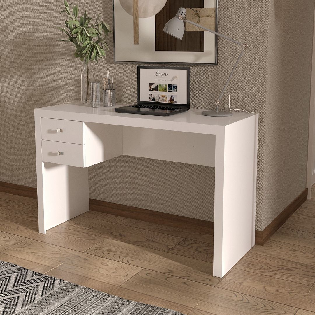 Conjunto de Escritório com Mesa 2 gavetas e Armário Alto com 2 Portas e 5 Prateleiras MDP Branco Tecnomobili