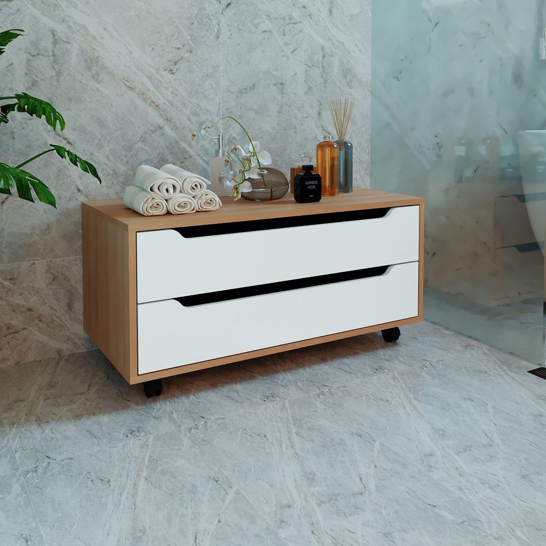 Balcão Gabinete para Banheiro com 2 Gavetas MDP Amêndoa/Branco 4 Pés Rodízios Tecnomobili