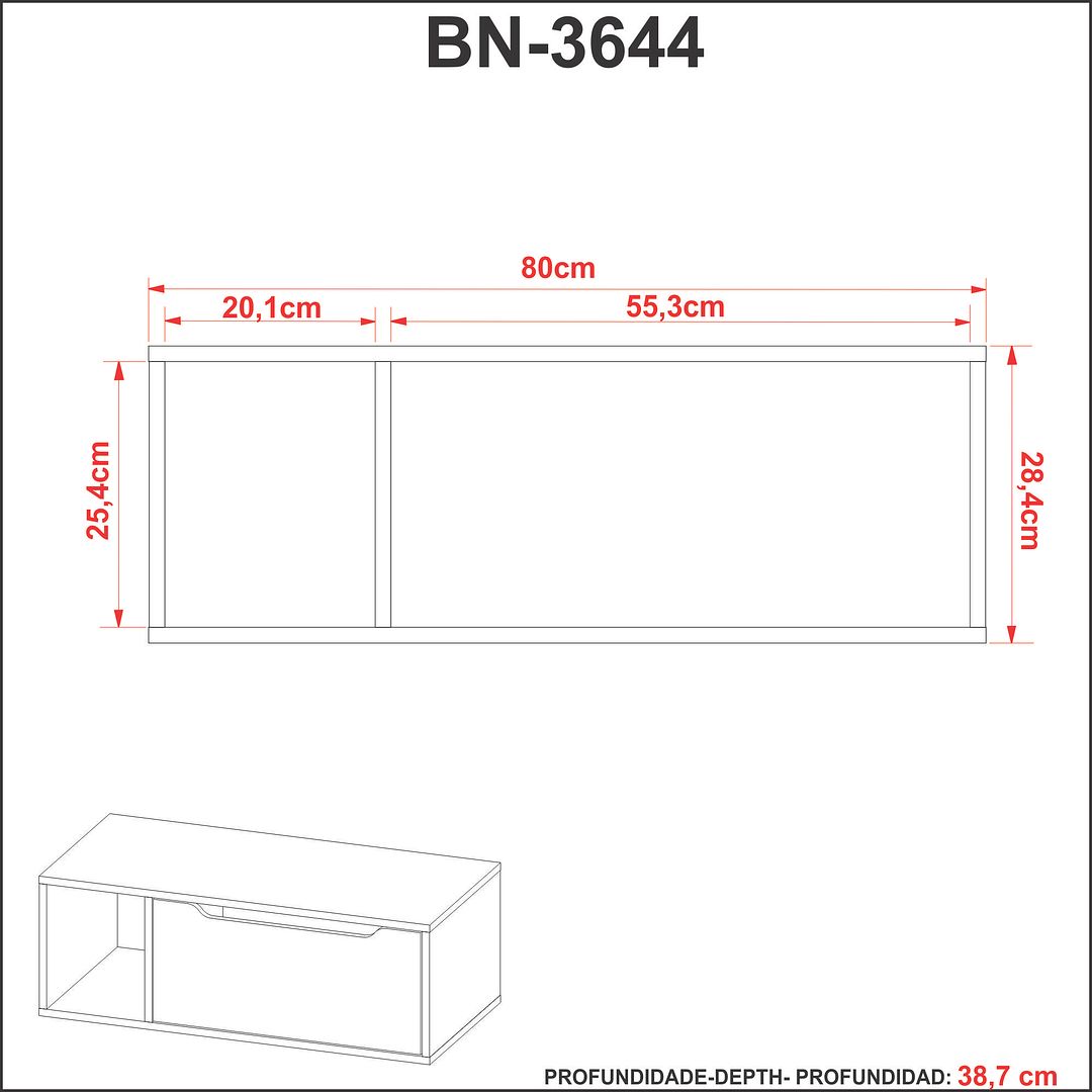 Balcão Gabinete para Banheiro Suspenso 80cm com 1 Porta e Nicho MDP Amêndoa/Branco Tecnomobili