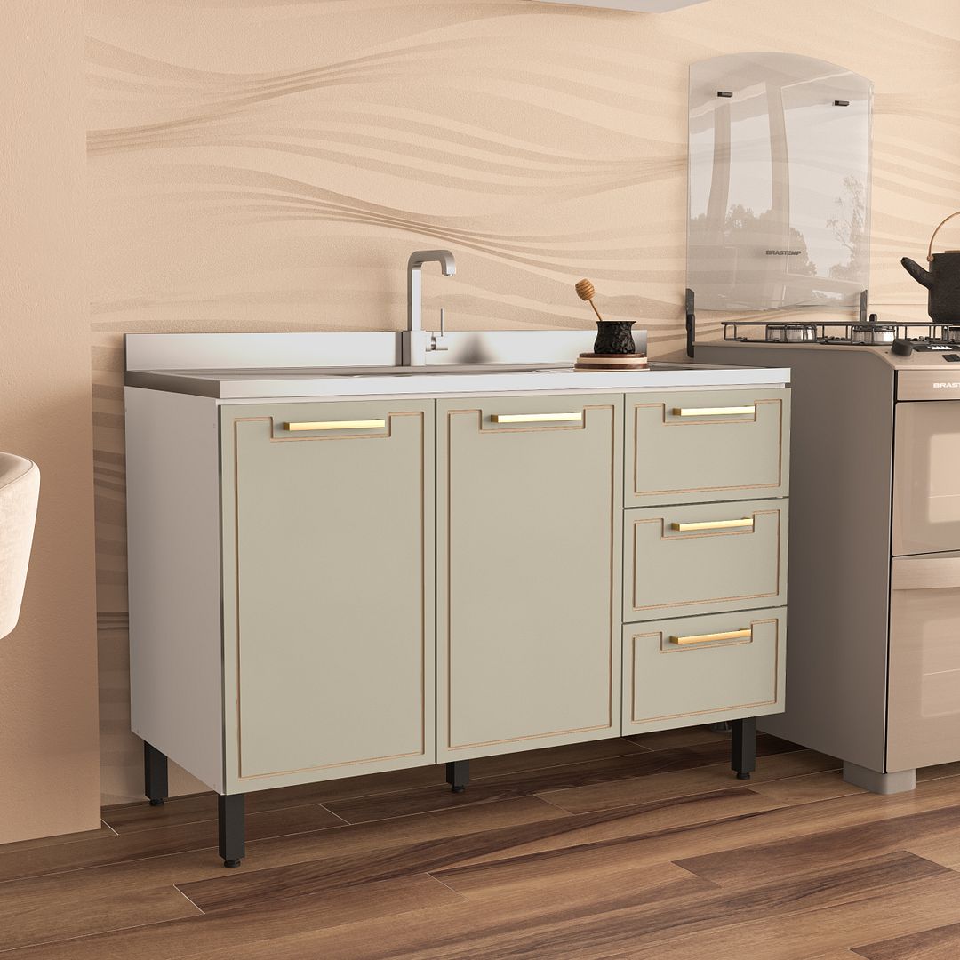 Balcão De Cozinha 2 Portas E 3 Gavetas 120cm Com Acabamento Ff E Pintura Uv Em Mdp/mdf Politorno