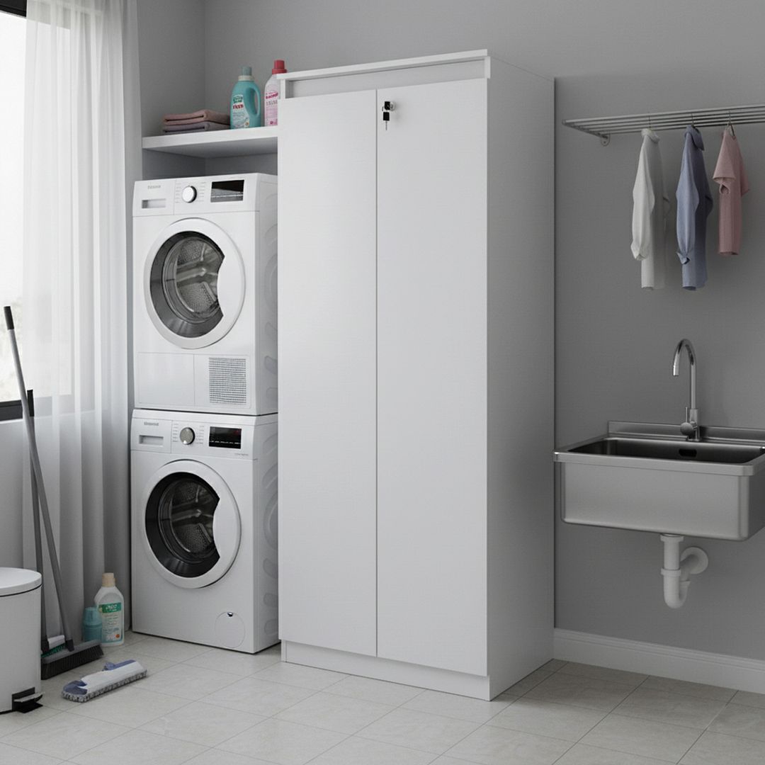 Armário Multiuso com 3 Prateleiras 2 Portas e Chave MDP Branco Tecnomobili