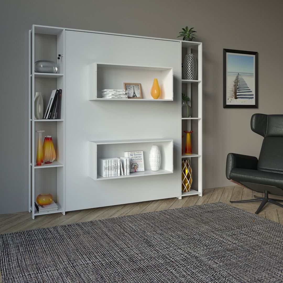 Cama Articulada Vertical Casal de Parede com 8 Prateleiras e 2 Nichos MDP Branco Até 240kg Tecnomobili