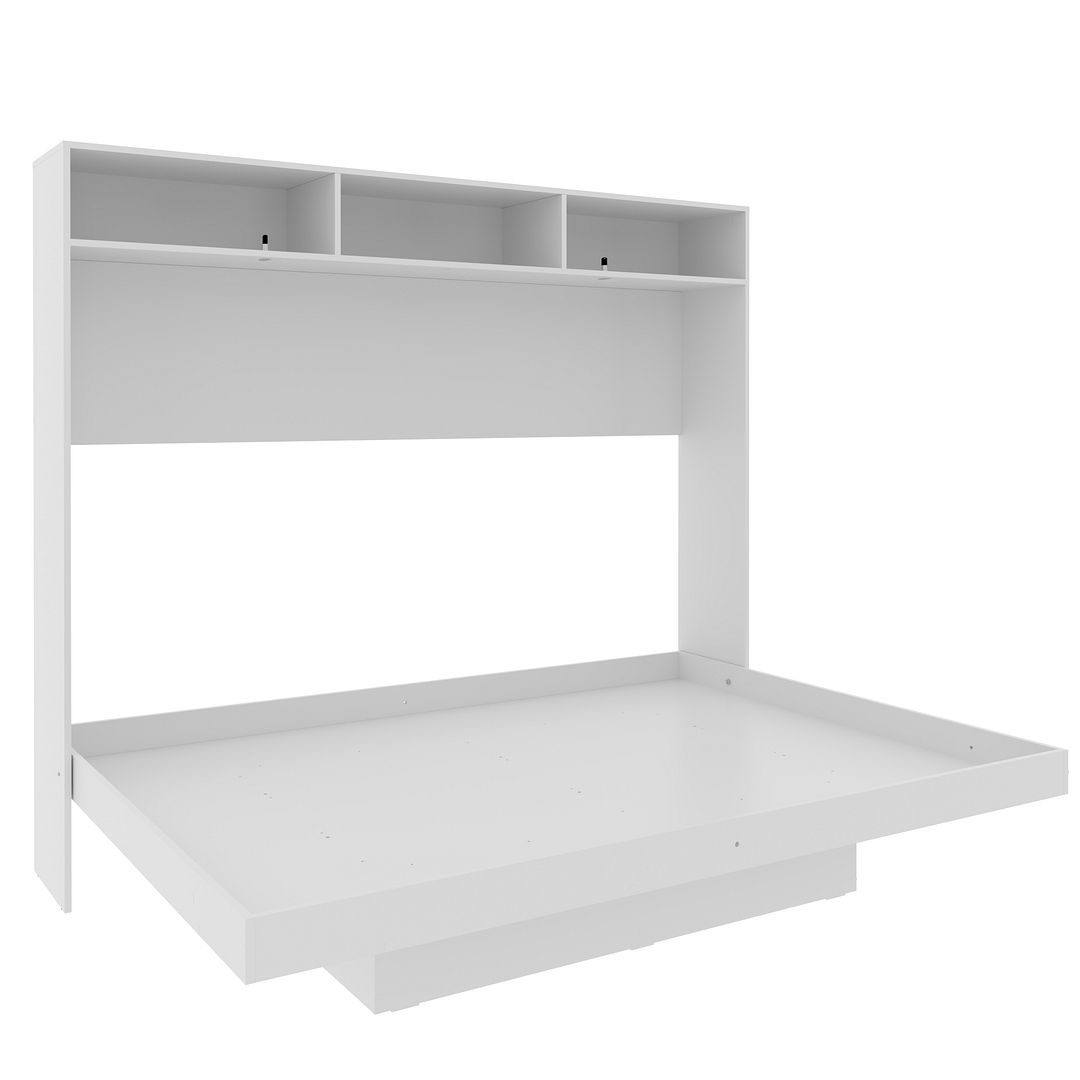 Cama Articulada Horizontal Casal de Parede com Nichos e Prateleiras MDP Branco Até 240kg Tecnomobili
