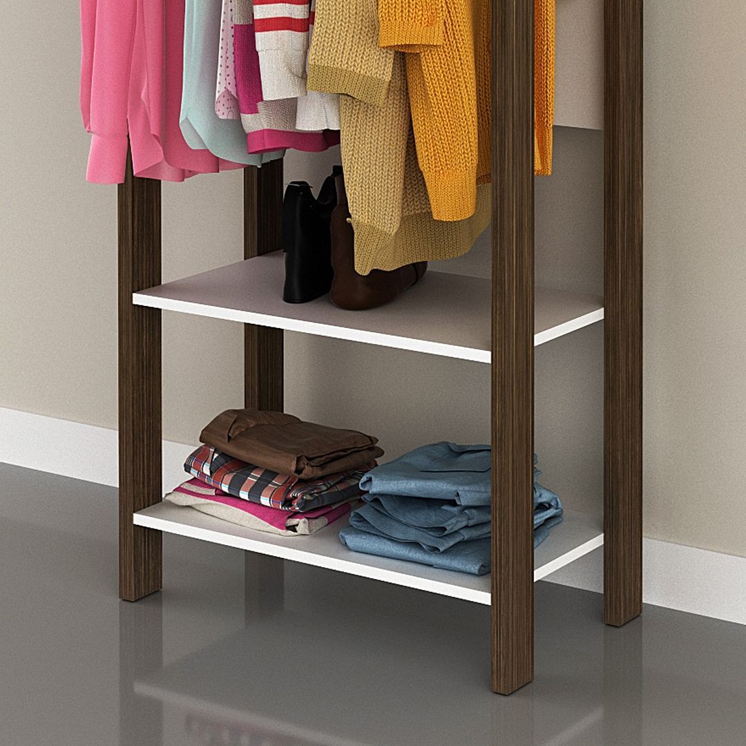 Armário Closet Quarto com 3 Prateleiras e Cabideiro MDP Branco/Nogal Tecnomobili