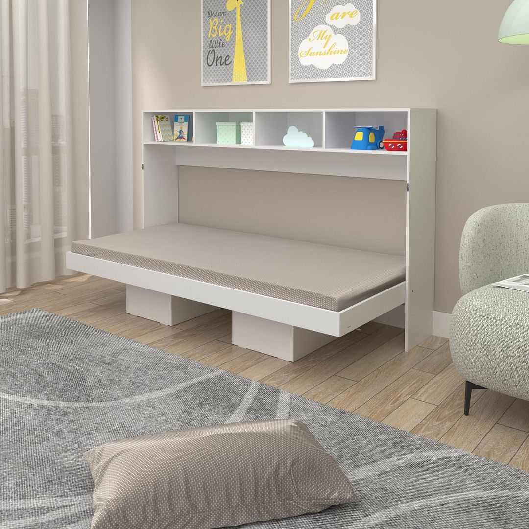 Cama Articulada Horizontal Solteiro de Parede com 6 Nichos MDP Branco Até 130kg Tecnomobili