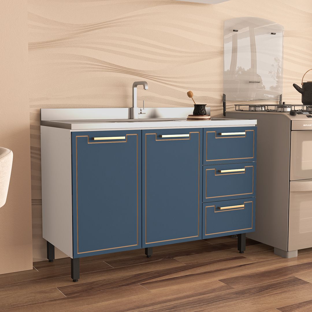 Balcão De Cozinha 2 Portas E 3 Gavetas 120cm Com Acabamento Ff E Pintura Uv Em Mdp/mdf Politorno