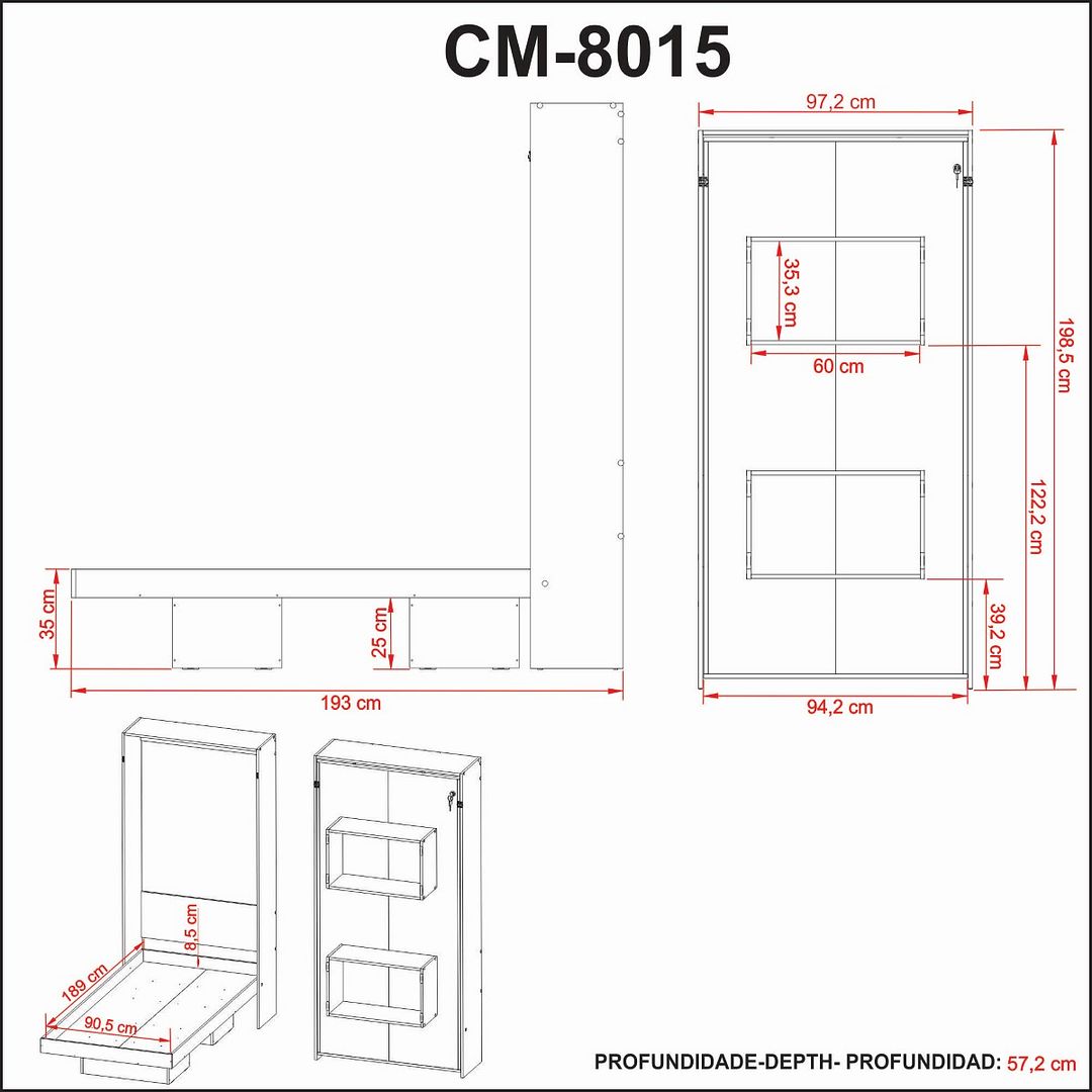 Cama Articulada Vertical Solteiro de Parede com 2 Nichos MDP em 2 Branco Até 110kg Tecnomobili