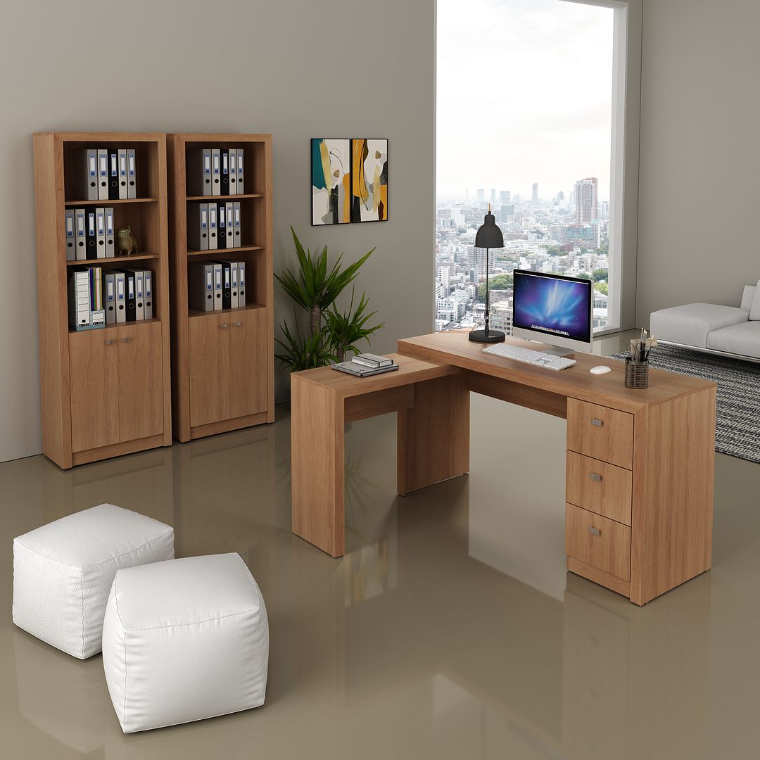 Conjunto de Escritório com Mesa com 3 Gavetas e 2 Armários com 2 Portas e 5 Prateleiras MDP Amêndoa Tecnomobili