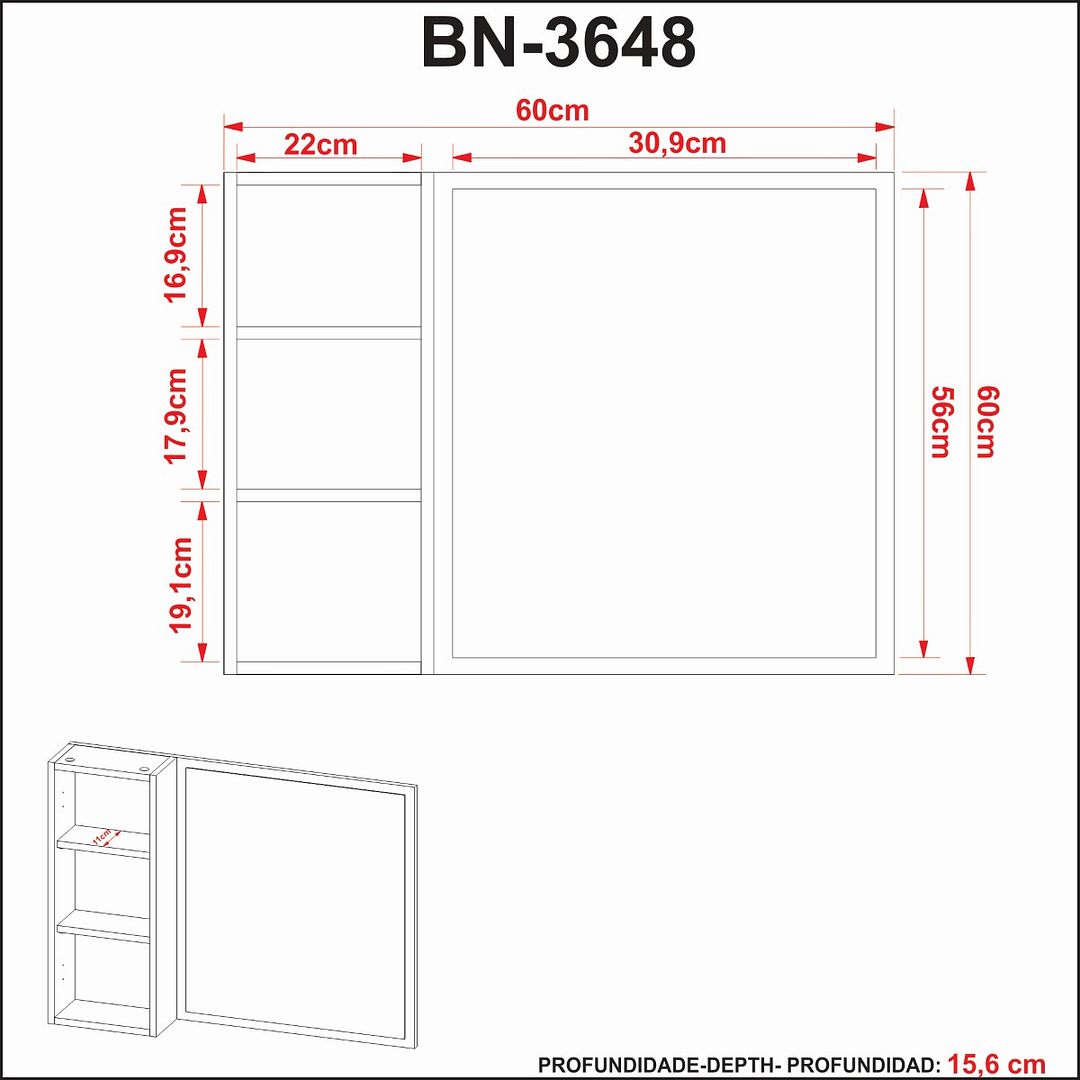 Espelho para Banheiro Suspenso com 1 Porta e 3 Prateleiras Internas MDP Amêndoa/Branco Tecnomobili
