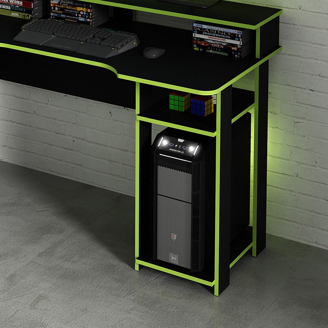 Mesa Gamer 136cm com Porta CPU Nicho Aberto MDP Preto/Verde Prateleira Auxiliar Tecnomobili