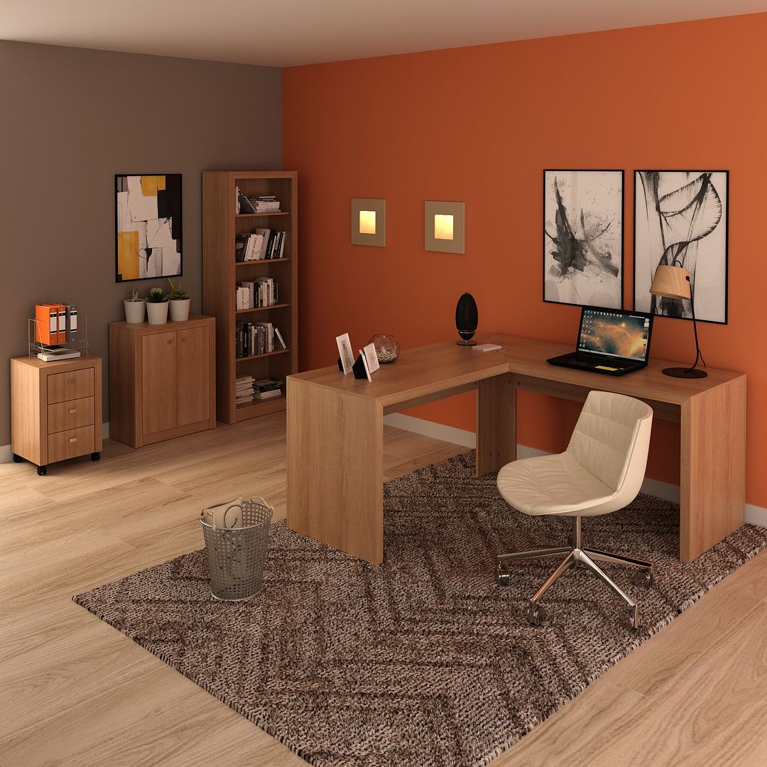 Conjunto de Escritório com Balcão, Estante, Gaveteiro e Mesa Angular em L 157,3cm MDP Amêndoa Tecnomobili