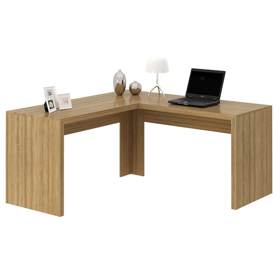 Conjunto de Escritório com Estante, Armário  Alto com 2 Portas e Mesa Angular em L 157,3cm MDP Amêndoa Tecnomobili