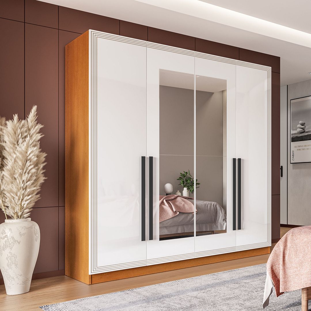 Guarda-Roupa 4 Portas 4 Gavetas 161cm Com Detalhes Usinados E Corrediça Telescópica Em Mdp/mdf Politorno