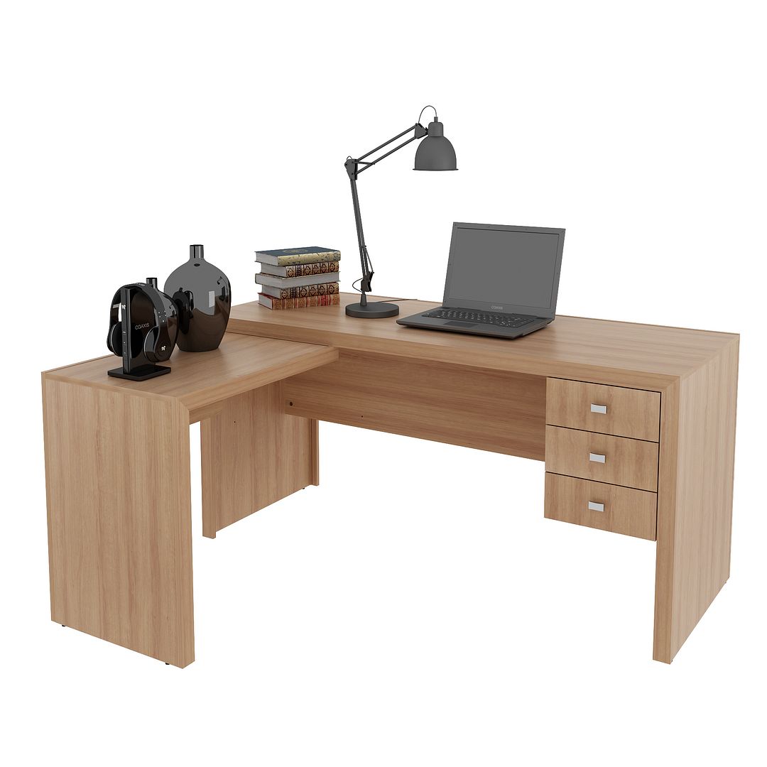 Conjunto de Escritório com Estante 5 Prateleiras e Mesa com Apoio Lateral 3 Gavetas 158cm MDP Amêndoa Tecnomobili