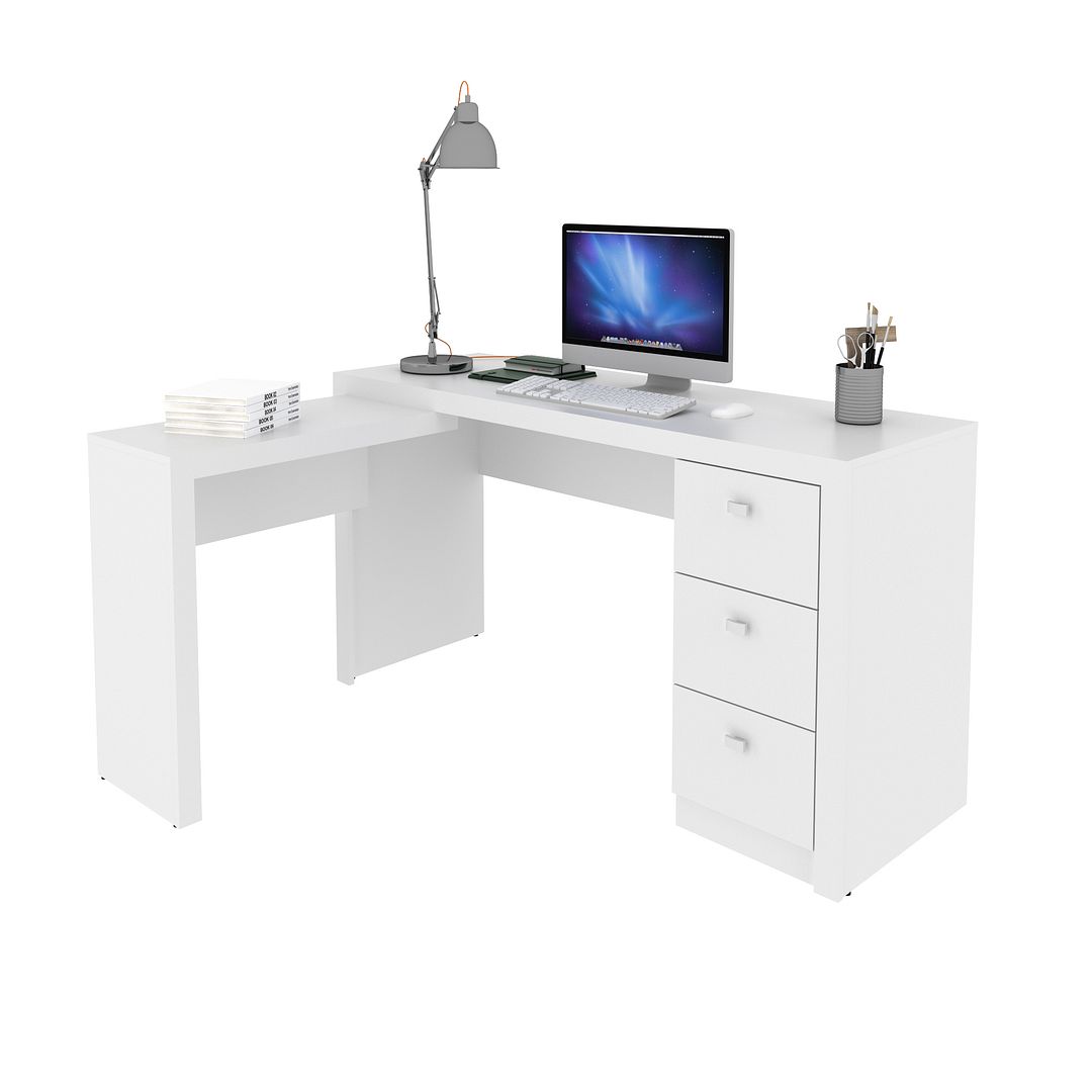 Mesa para Escritório com Apoio Lateral e 3 Gavetas MDP Branco Tecnomobili