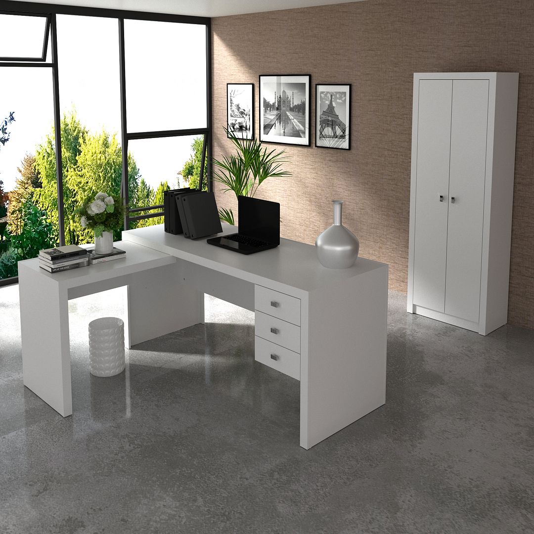 Conjunto Escritório com Armário 2 Portas e Mesa MDP Branco Tecnomobili