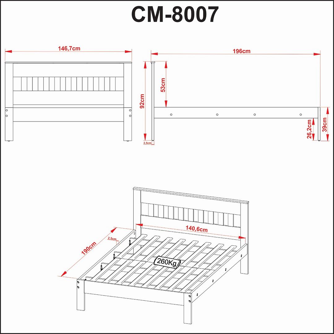 Cama de Casal Tradicional 138x188cm MDP Nogal/Branco Estrados de Eucalipto Até 260kg Tecnomobili