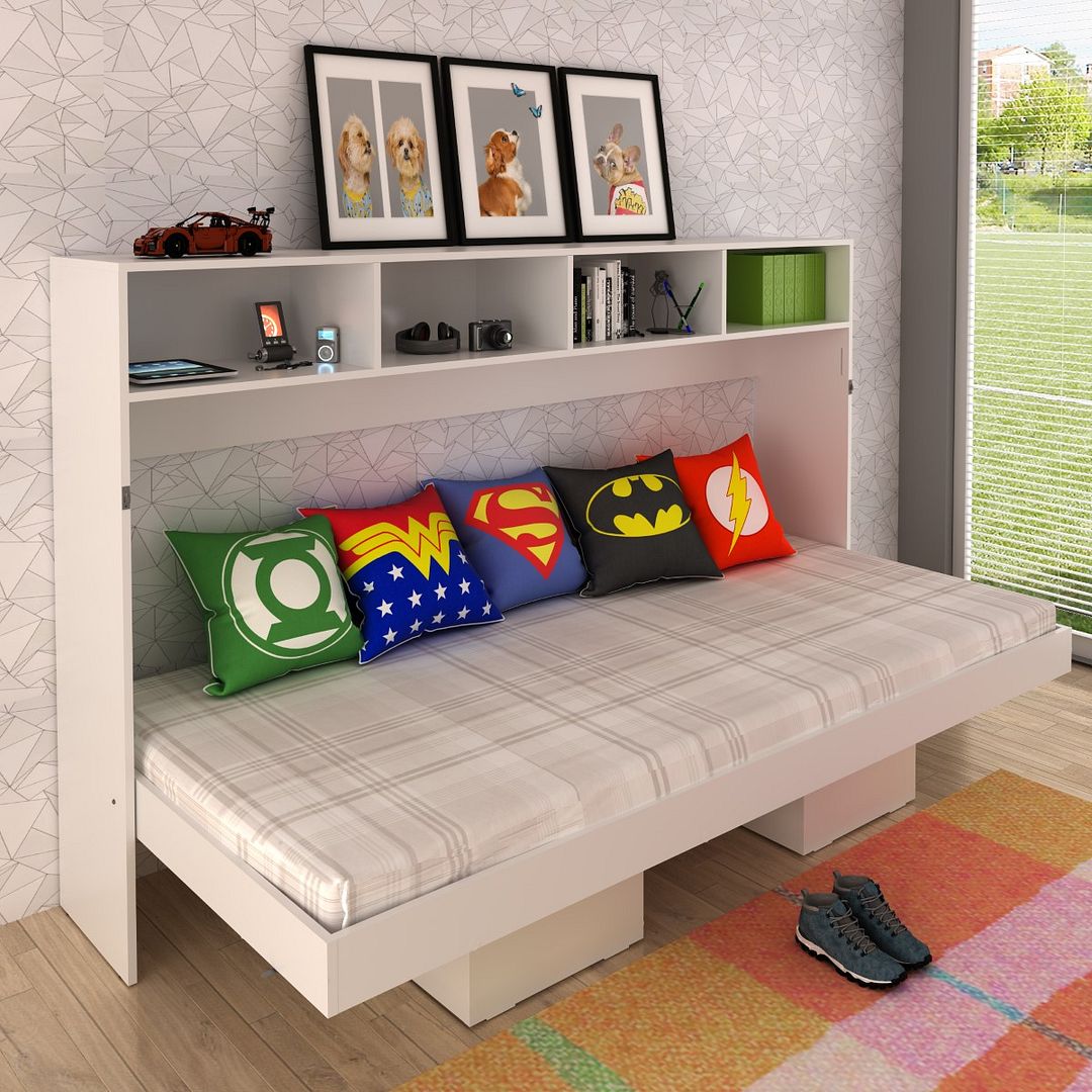 Cama Articulada Horizontal Solteiro de Parede com 6 Nichos MDP Branco Até 130kg Tecnomobili