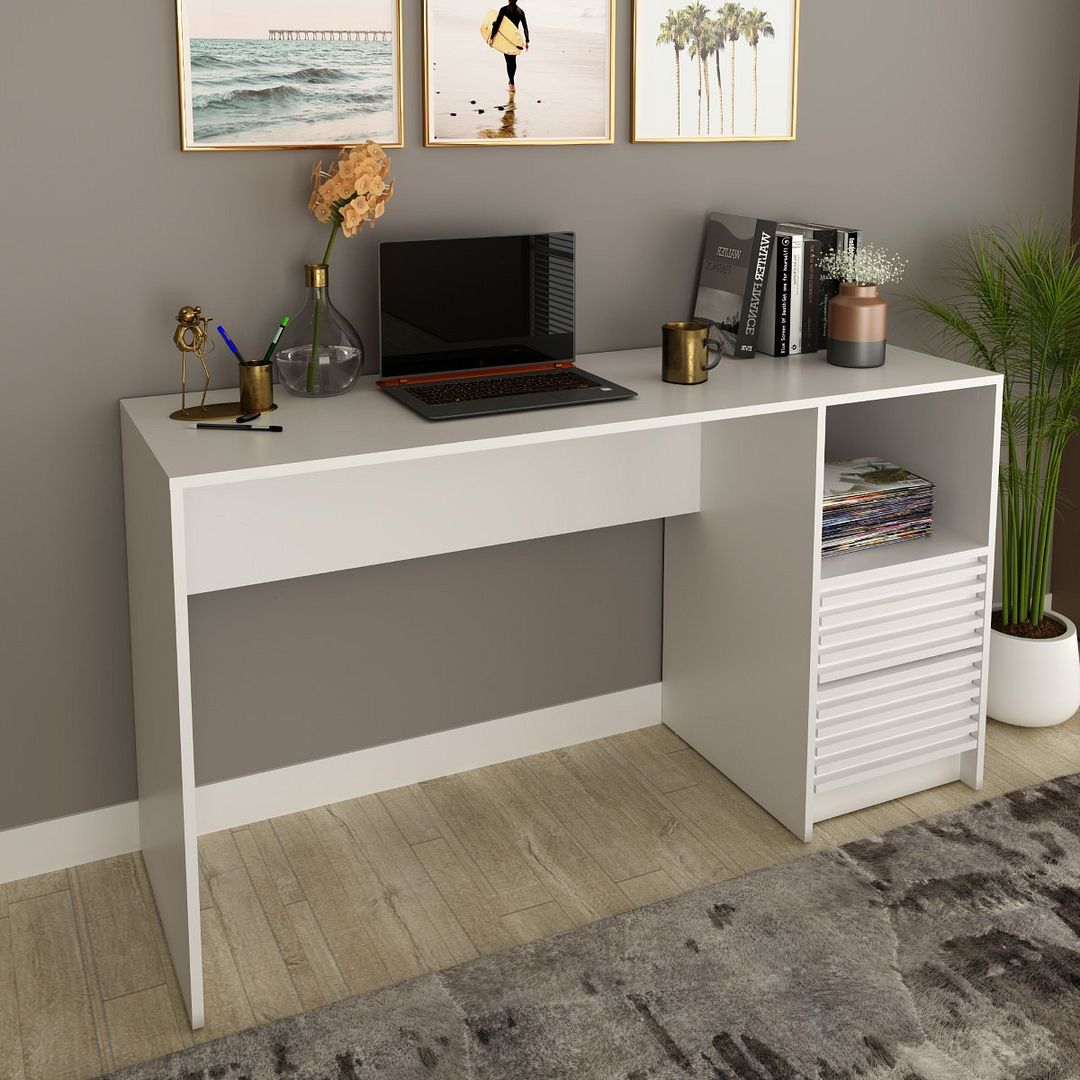 Conjunto de Escritório com Estante 4 Prateleiras, Escrivaninha com 2 Gavetas e Gaveteiro MDP Branco Tecnomobili