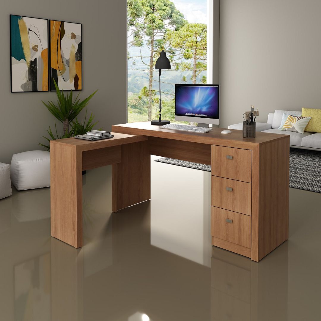 Conjunto de Escritório com 2 Mesas com Apoio Lateral e 3 Gavetas MDP Amêndoa Tecnomobili