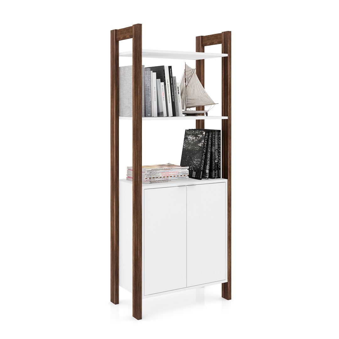 Estante para Escritório Multiuso com 2 Portas e 1 Prateleira MDP Branco/Nogal Tecnomobili