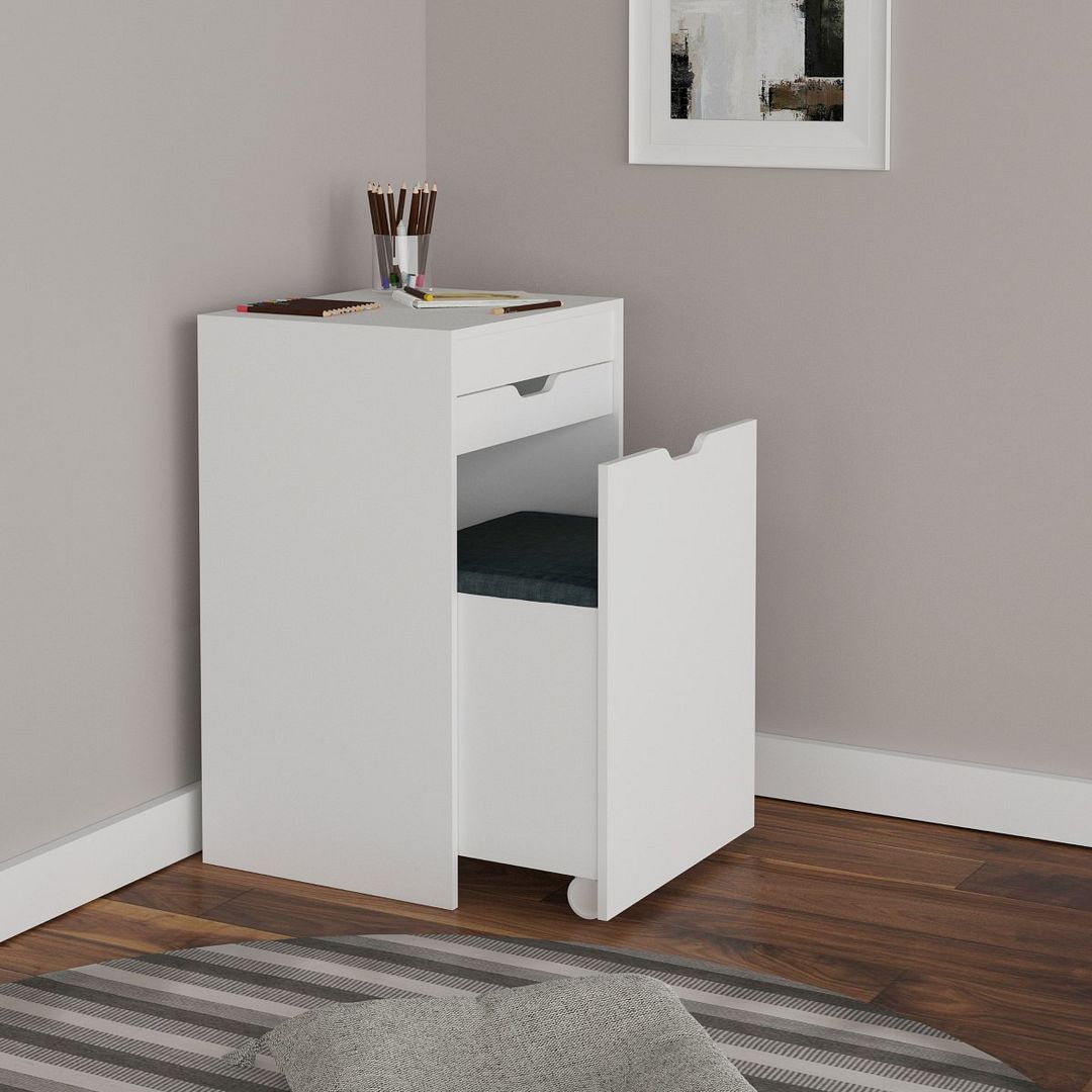 Penteadeira Quarto Compacta com Espelho 1 Gaveta e Puff MDP Branco/Tecido369 Tecnomobili