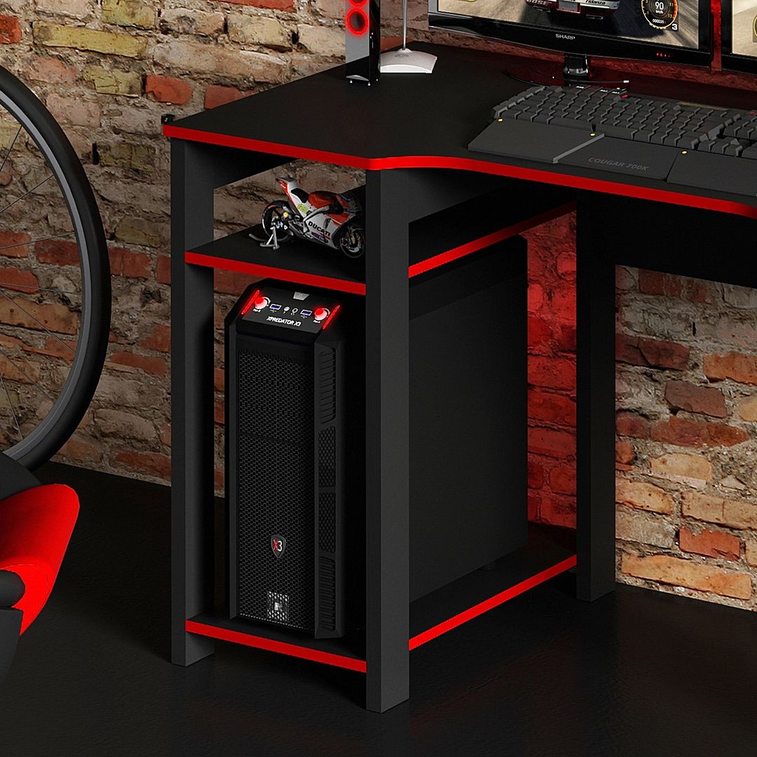 Mesa Gamer 136cm com 2 Prateleiras e Porta CPU Nicho Aberto MDP Preto/Vermelho Tecnomobili