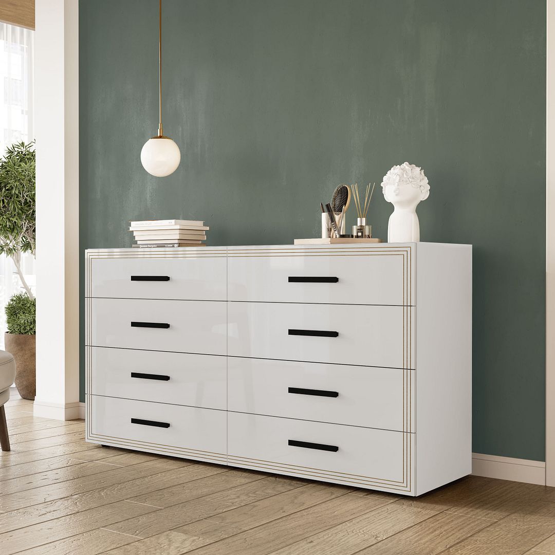 Cômoda 8 Gavetas 150cm Com Detalhes Usinados E Corrediça Telescópica Em Mdp/mdf Politorno
