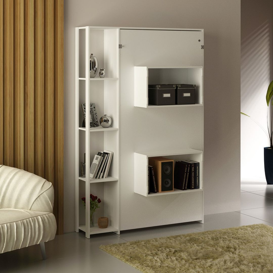 Cama Articulada Vertical Solteiro de Parede com 4 Prateleiras e 2 Nichos MDP Branco Até 110kg Tecnomobili