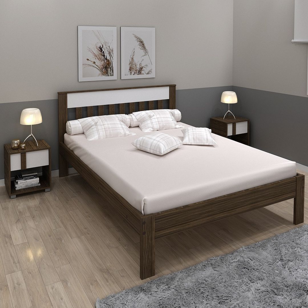 Cama de Casal Tradicional 138x188cm MDP Nogal/Branco Estrados de Eucalipto Até 260kg Tecnomobili