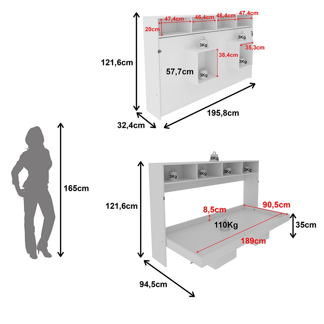 Cama Articulada Horizontal Solteiro de Parede com 6 Nichos MDP Branco Até 130kg Tecnomobili