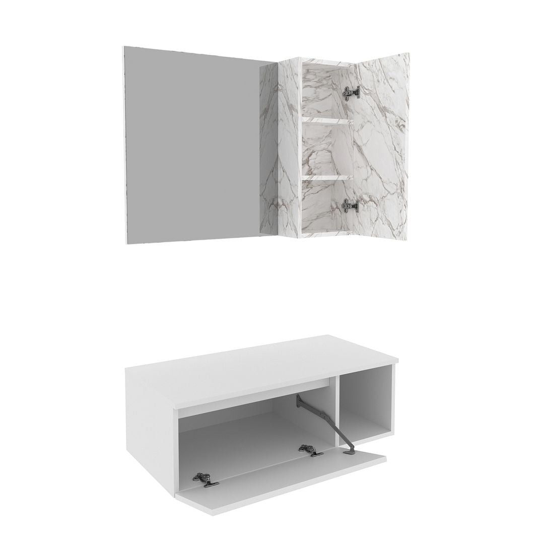 Conjunto de Banheiro com Balcão Gabinete Suspenso 1 Porta e Espelho Suspenso 1 Porta Lateral MDP Branco Tecnomobili