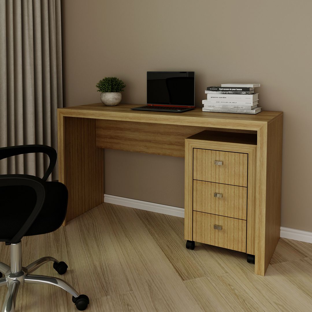 Conjunto de Escritório com Mesa 127cm e Gaveteiro com Rodinhas 3 Gavetas MDP Amêndoa Tecnomobili