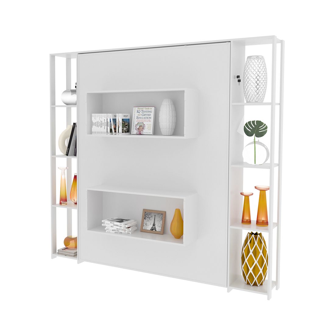 Cama Articulada Vertical Casal de Parede com 8 Prateleiras e 2 Nichos MDP Branco Até 240kg Tecnomobili