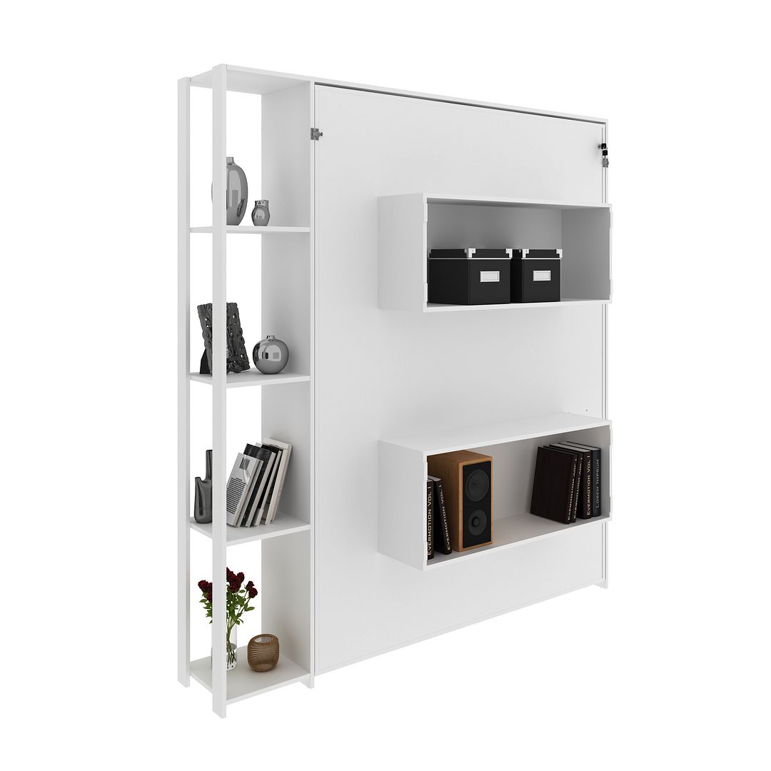 Cama Articulada Vertical Casal de Parede com 4 Prateleiras e 2 Nichos MDP Branco Até 240kg Tecnomobili