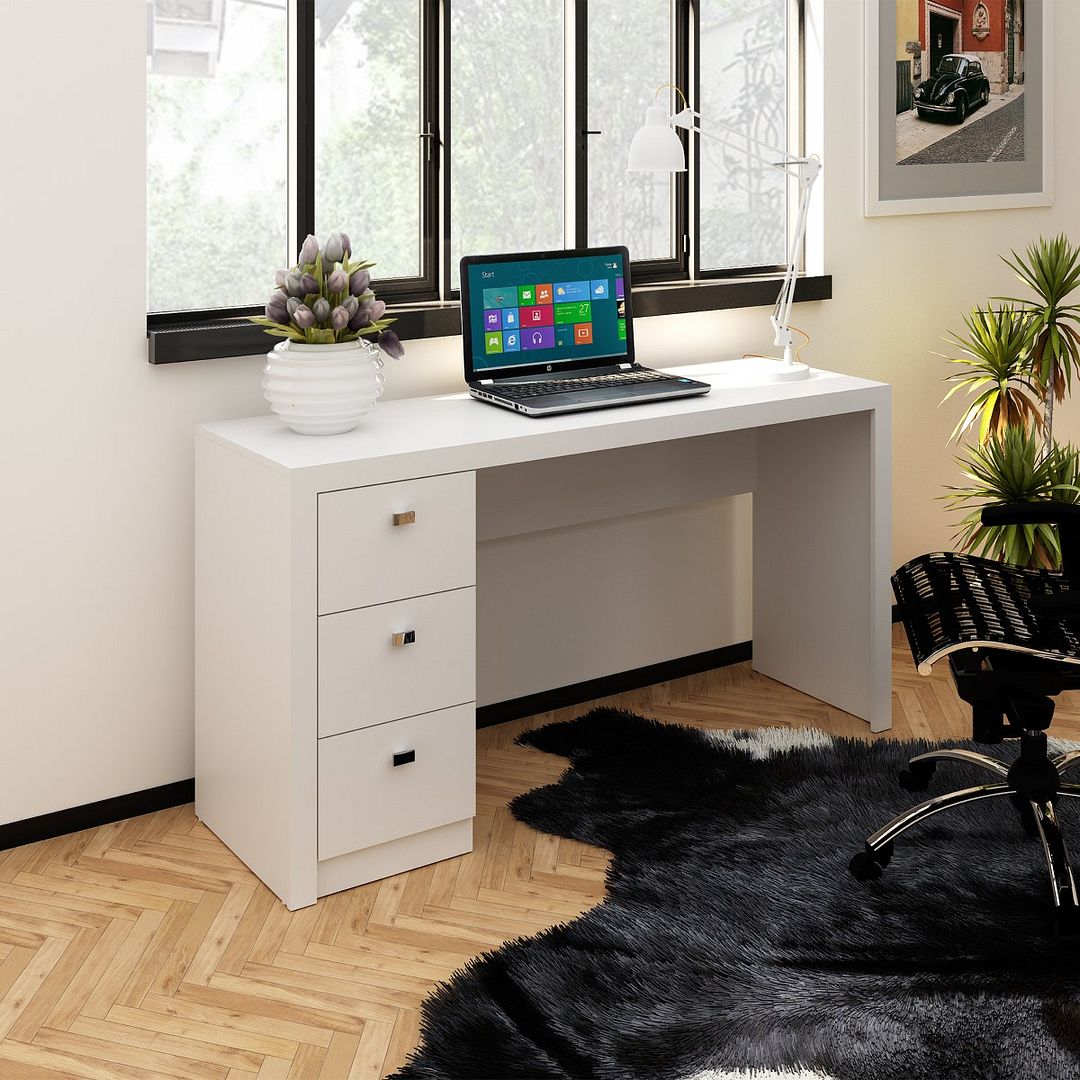 Mesa para Escritório Reta 140cm com 3 Gavetas MDP Branco Tecnomobili