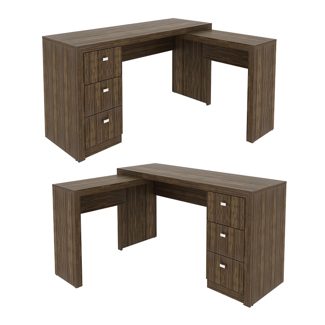 Conjunto de Escritório com Mesa Apoio Lateral 3 Gavetas e Armário Alto com 2 Portas 5 Prateleiras MDP Nogal Tecnomobili
