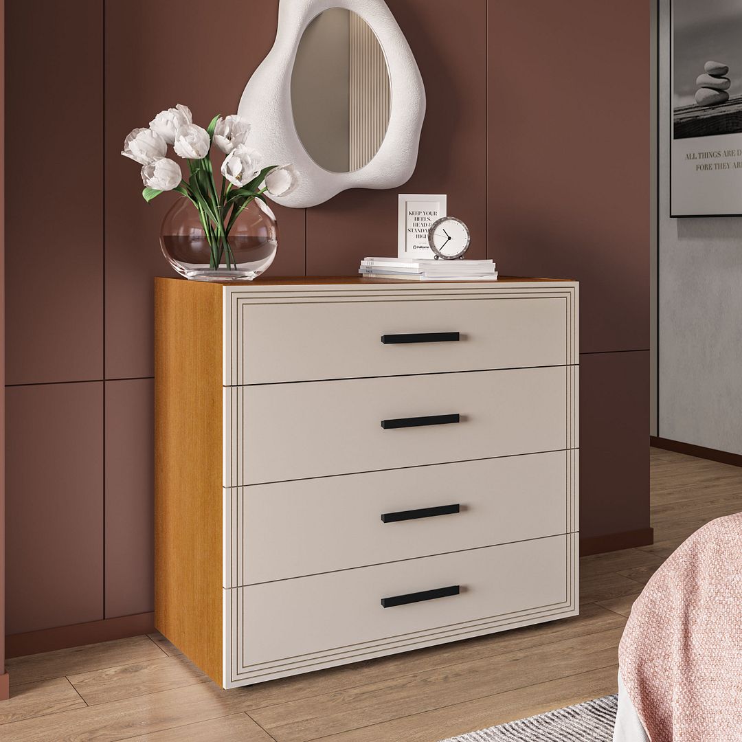 Cômoda 4 Gavetas 90cm Com Detalhes Usinados E Corrediça Telescópica Em Mdp/mdf Politorno