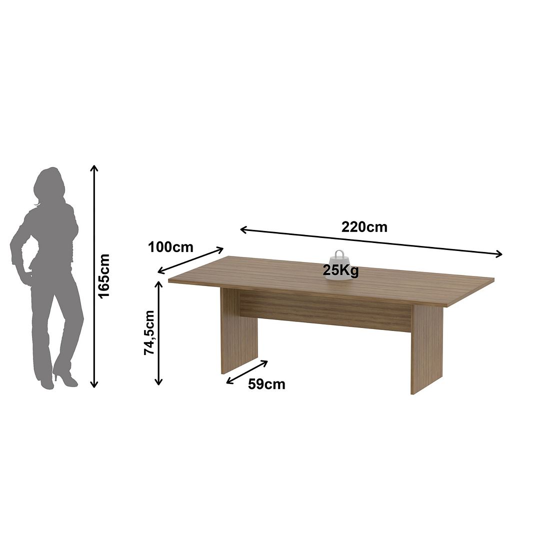 Conjunto de Escritório com Mesa de Reunião 220cm e Painel Suspenso até 42 Polegadas MDP Amêndoa Tecnomobili
