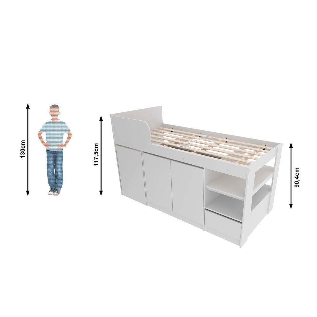 Cama Alta Multifuncional Infantil com Escrivaninha Gaveta e Armários MDP Branco Até 130kg Tecnomobili