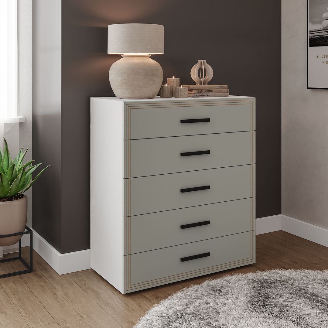 Cômoda 5 Gavetas 90cm Com Detalhes Usinados E Corrediça Telescópica Em Mdp/mdf Politorno