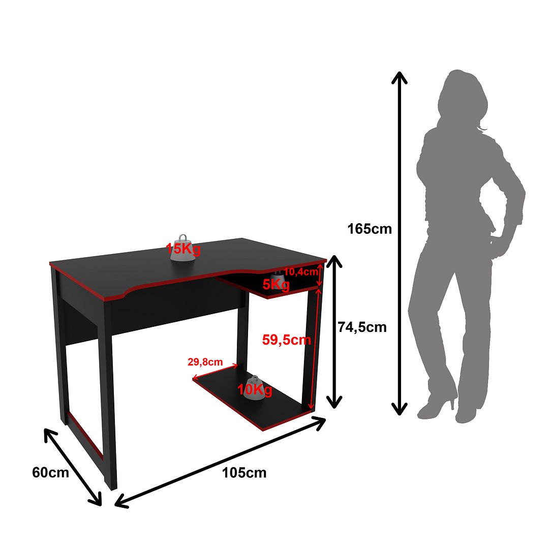 Mesa Gamer 105cm com 1 Prateleira e Porta CPU Nicho Aberto MDP Preto/Vermelho Tecnomobili