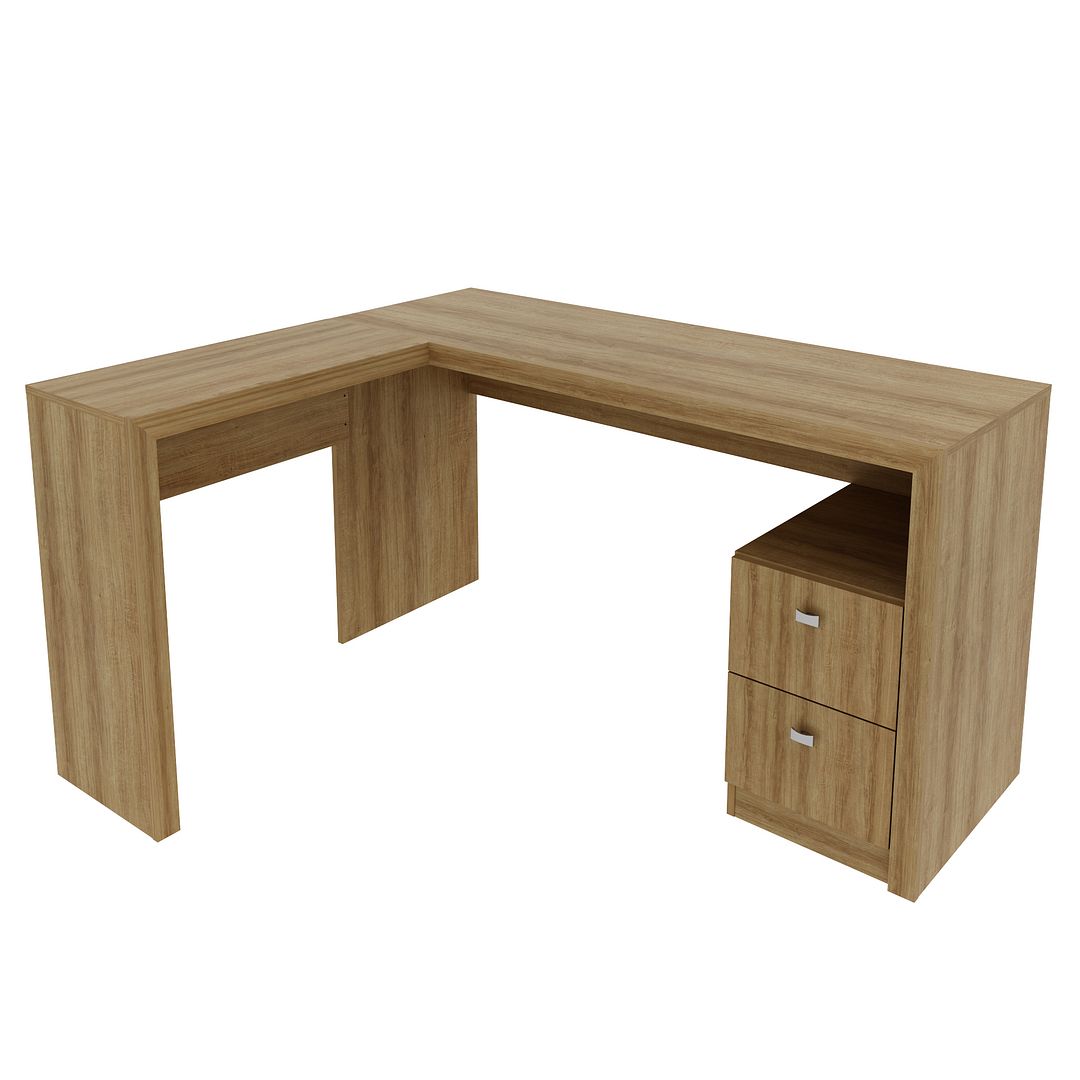 Conjunto de Escritório com Balcão 60cm e Mesa 138,5cm Formato em L com 2 Gavetas MDP Amêndoa Tecnomobili