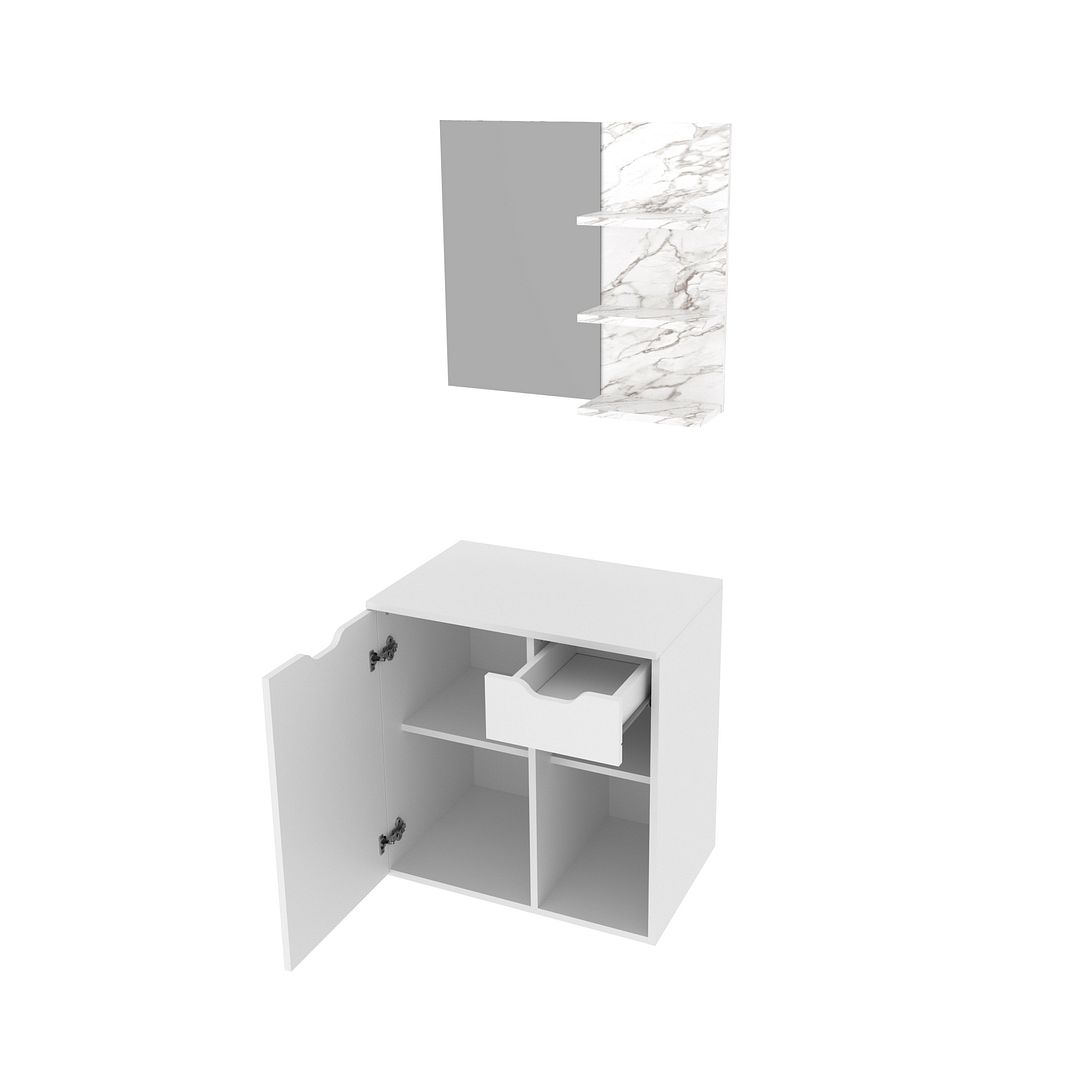 Conjunto de Banheiro com Balcão Gabinete Suspenso 1 Gaveta e Espelho Suspenso 3 Prateleiras MDP Branco Tecnomobili