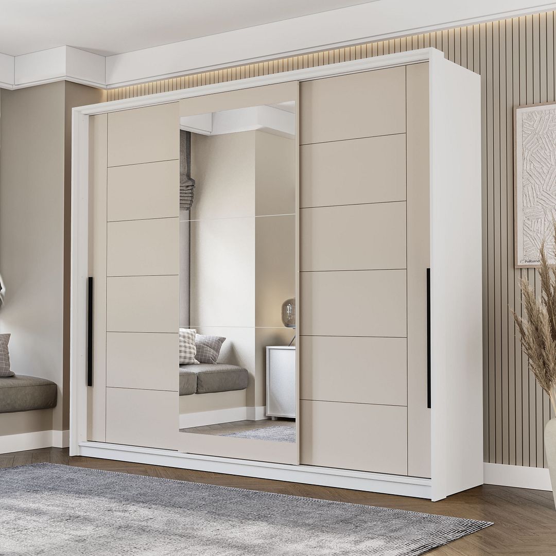 Guarda-Roupa 3 Portas De Correr 4 Gavetas 220cm Com Corrediça Telescópica Em Mdp/mdf Politorno