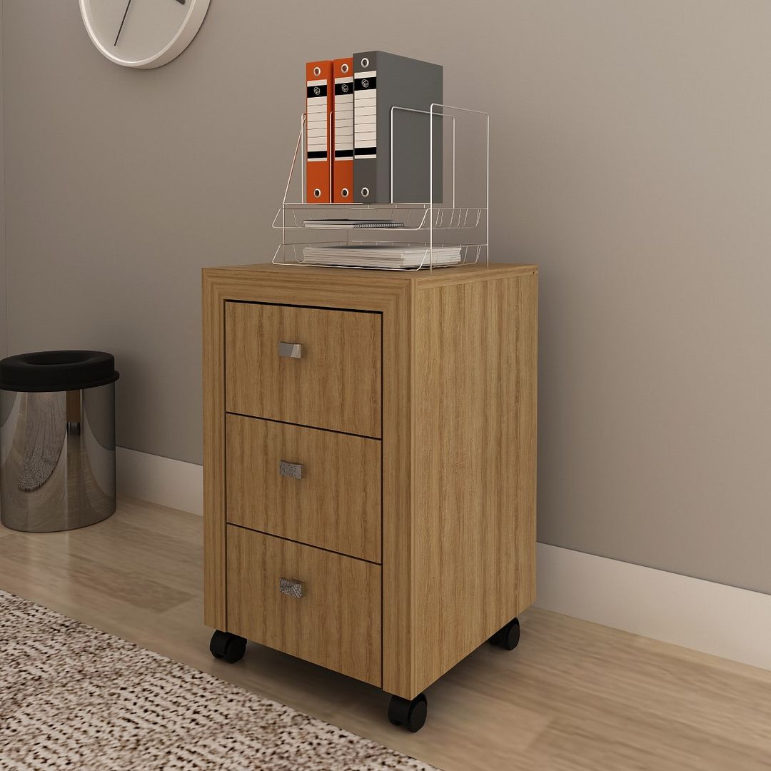 Conjunto de Escritório com Gaveteiro Rodinhas 3 Gavetas e Mesa 127cm MDP Amêndoa Tecnomobili